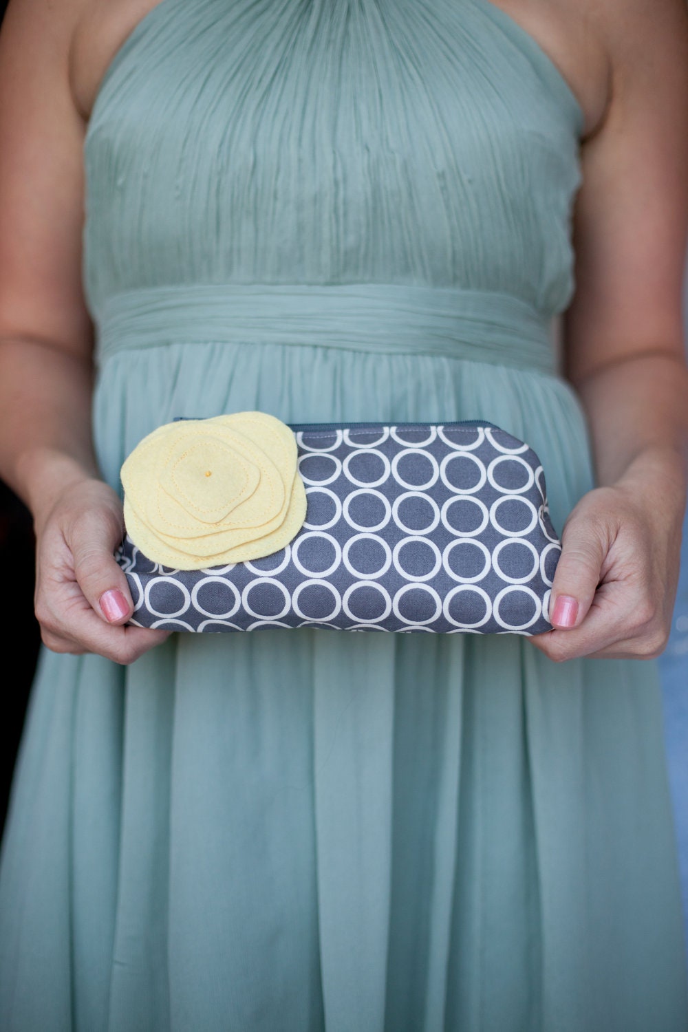 Bridal Clutch Purse, Personalized Bridesmaid Clutch, Set of 4, Gray Yellow and Aqua, Flower Brooch, Wedding Bag, Polka Dots