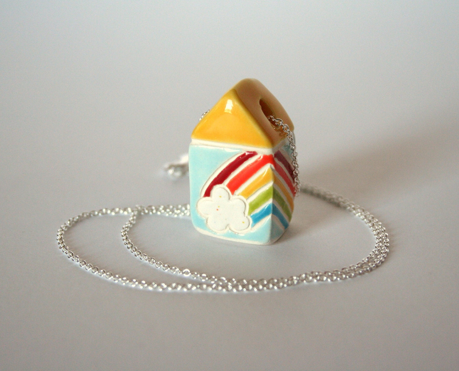 Sterling Necklace with Rainbow Cloud House Ceramic Pendant