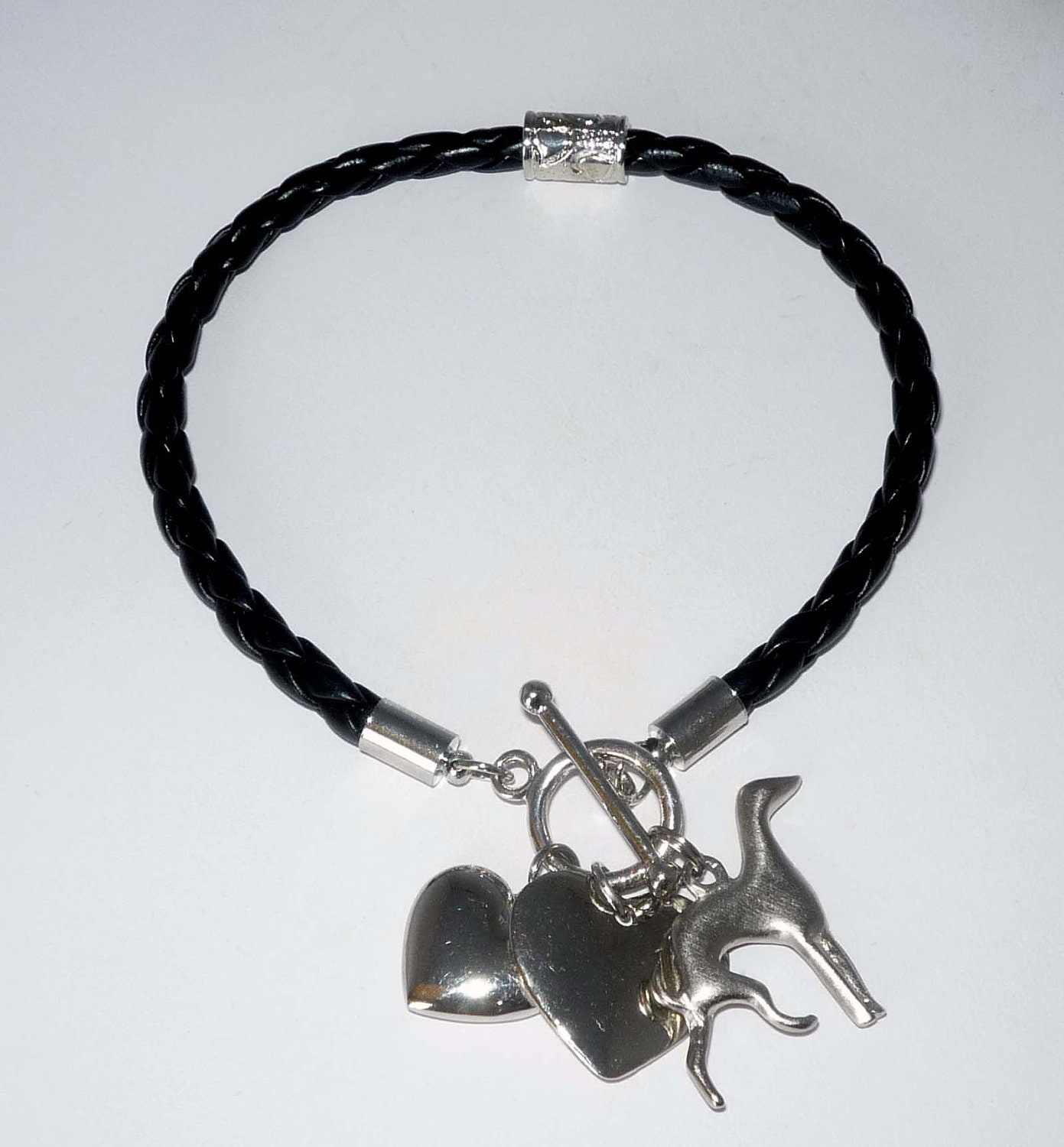 Greyhound Dog and Heart Charms braided leather bracelet