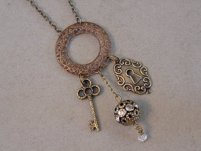 Antiqued Brass Necklace KEYHOLE SKELETON Key necklace Filigree Antiqued Brass Rhinestone Bead - Unlock Romance steampunk necklace