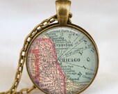 Chicago necklace, chicago jewelry, chicago pendant vintage map jewelry, keepsake chicago gift with gift box