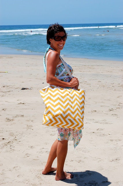 Large Beach Tote, Chevron Beach Bag, chevron tote bag, Large book bag Yellow
