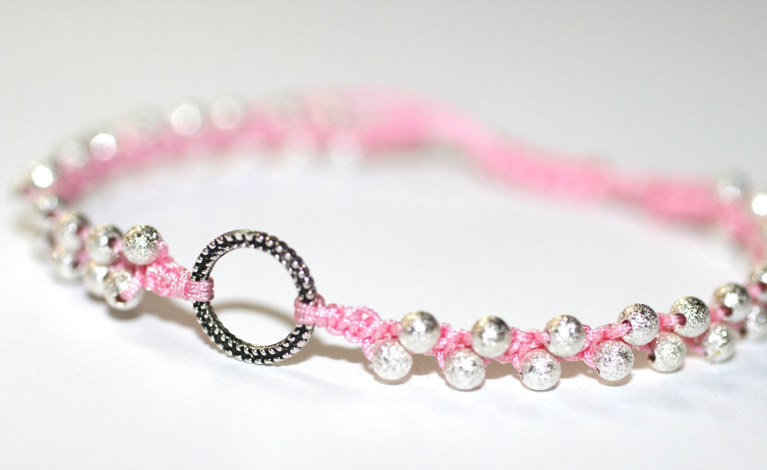 Pink Silk Macrame Stardust Silver Beaded Friendship Circle Handmade Bracelet