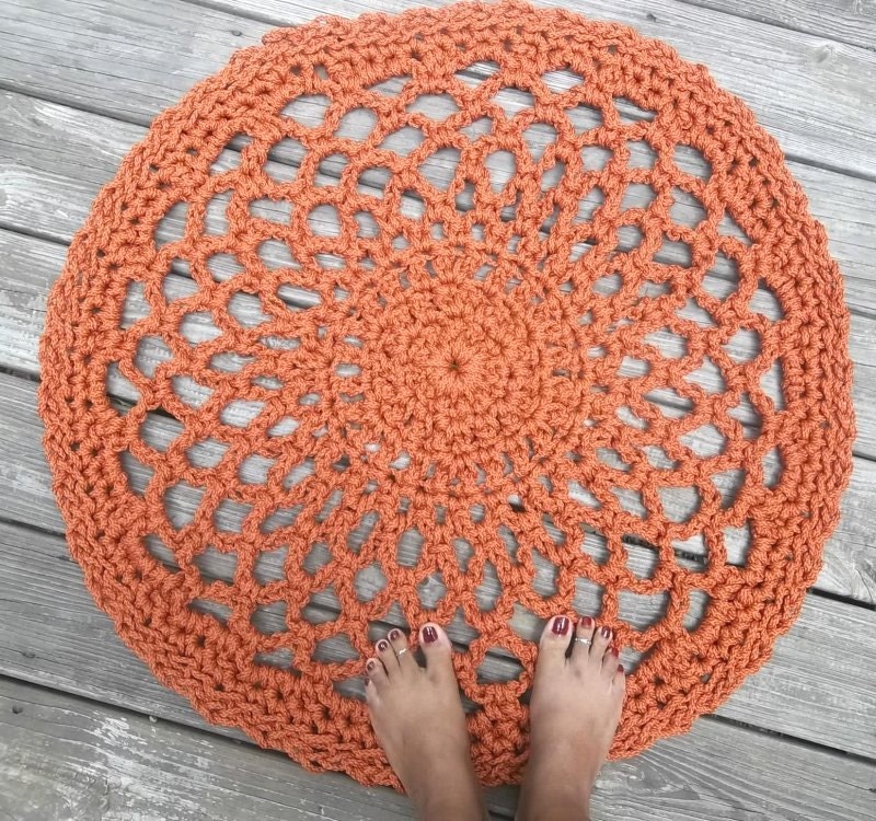 Rust Orange Patio Porch Cord Crochet Rug in 33" Lacy Circle Pattern READY TO SHIP
