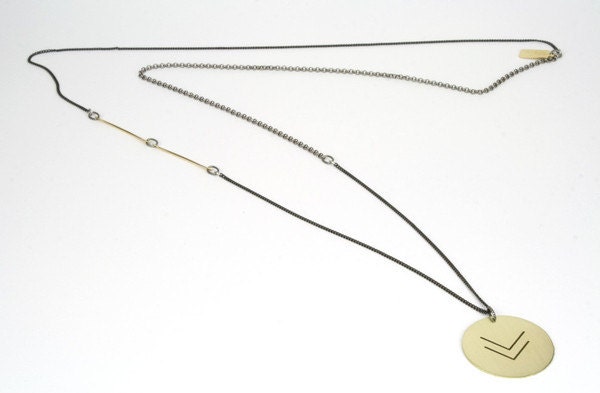 Gold Double Chevron necklace - disc pendant - geometric jewelry