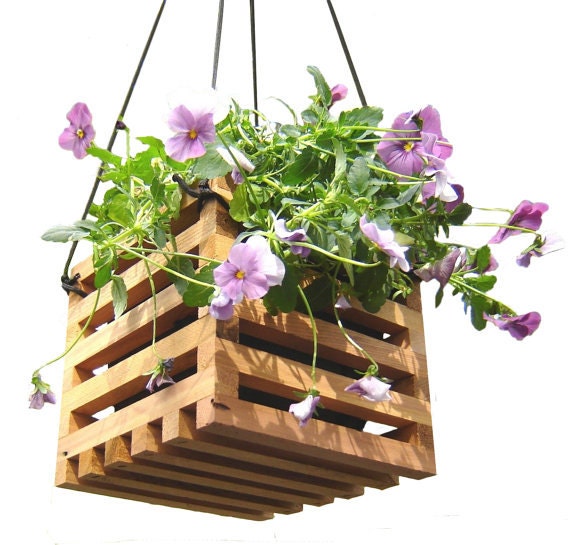 Hanging Planter Basket from Recycled Wood Garden Decor