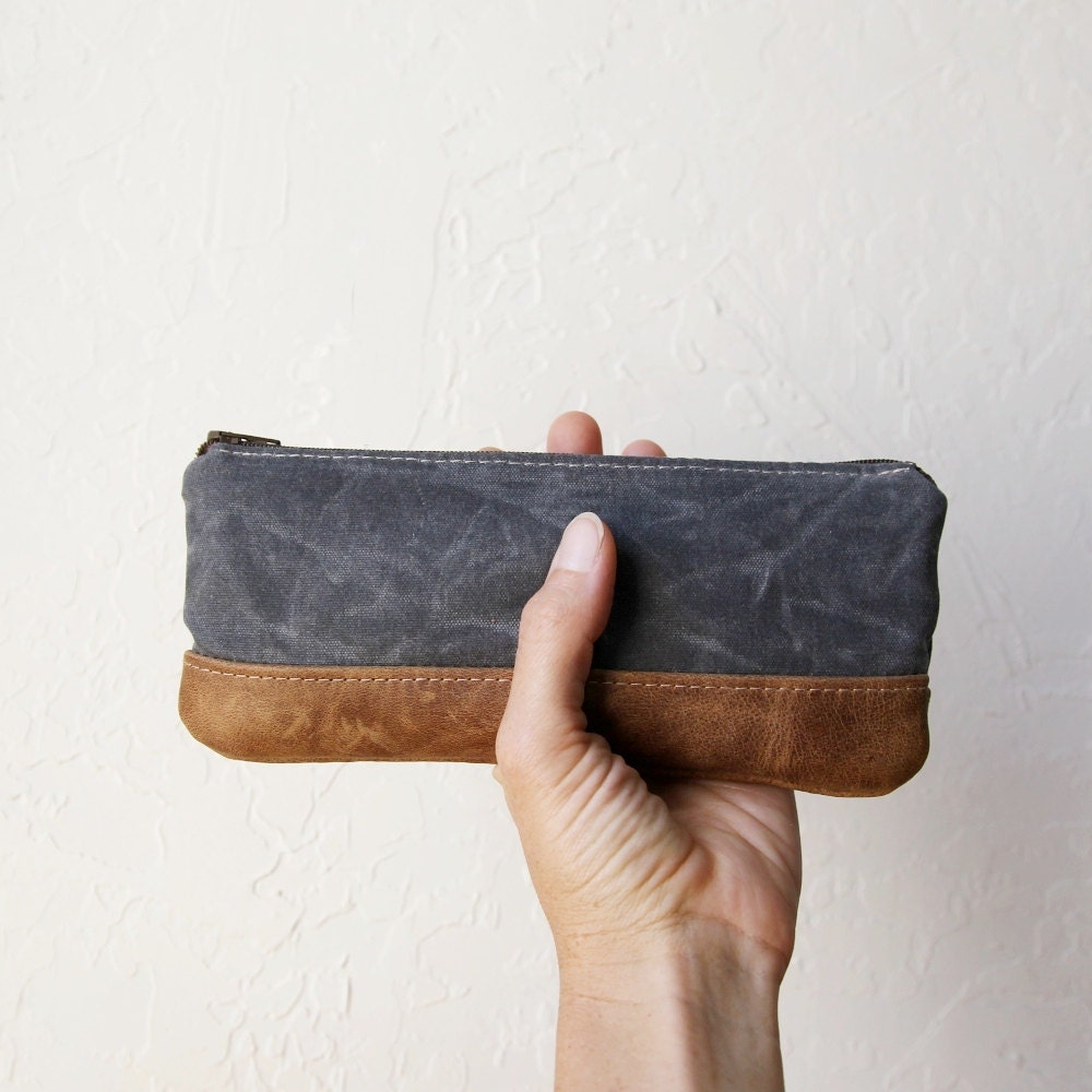 Pencil Pouch in Slate Waxed Canvas and Leather // Zipper Case // Charcoal Gray
