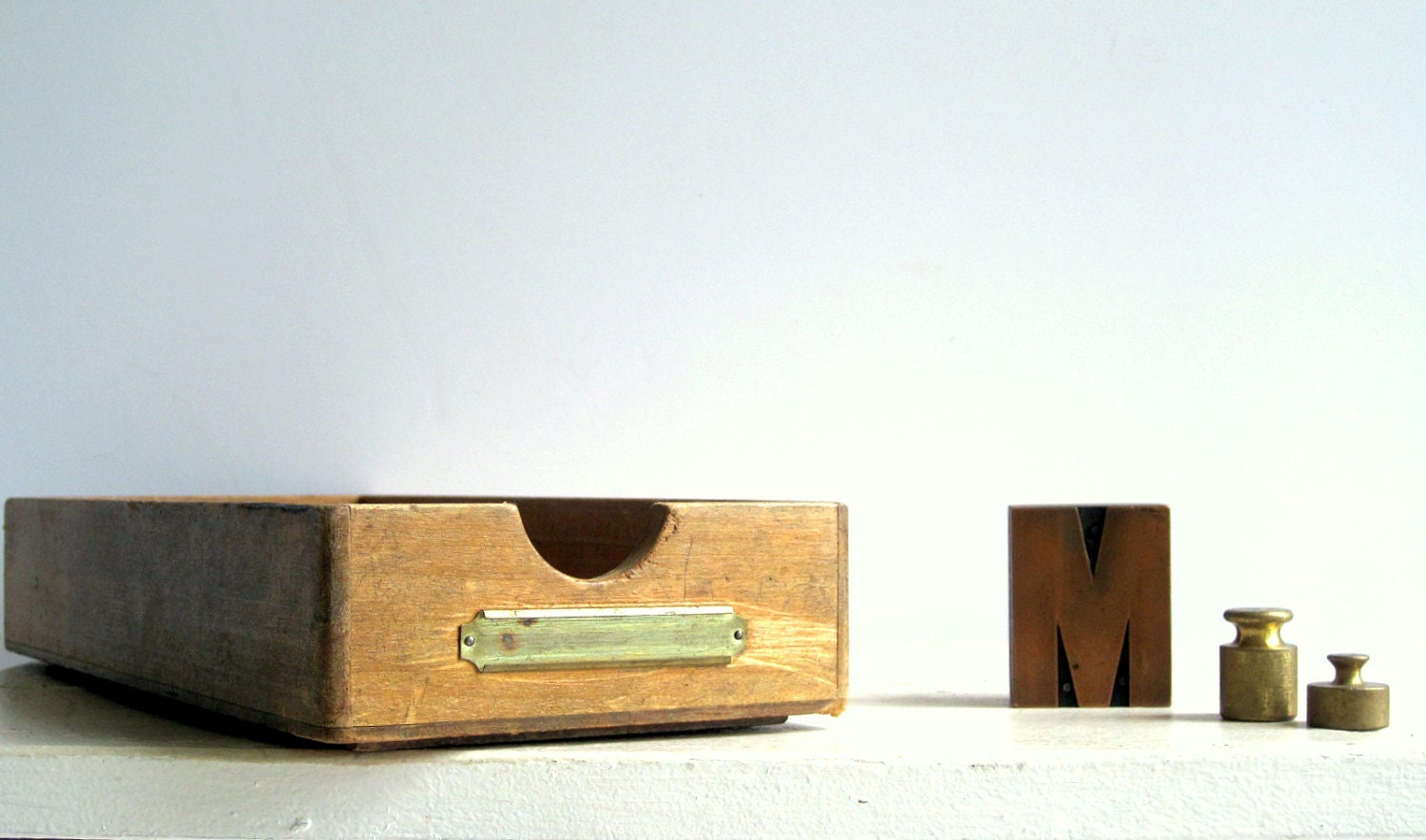 Vintage Office Wood Tray Brass Label Holder / Industrial Home