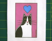 Black and White Cat... DIY Fabric Craft Panel Quilt Block for Sewing Projects