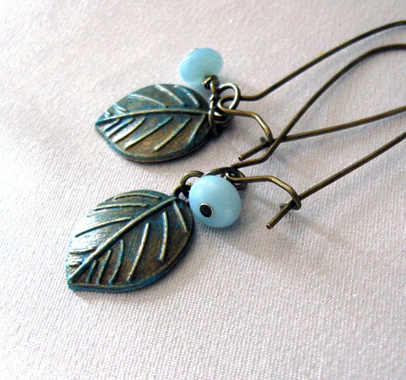 Leaf Earrings, Amazonite Gemstone Antique Brass, Teal Patina