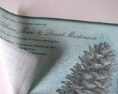 Winter wedding invitations rustic pine cone on fabric,  set of 25
