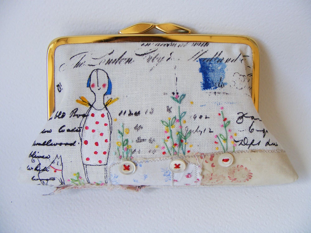 Handmade purse or small Clutch screen printed Lavinia and her Kitty applique and hand embroidery