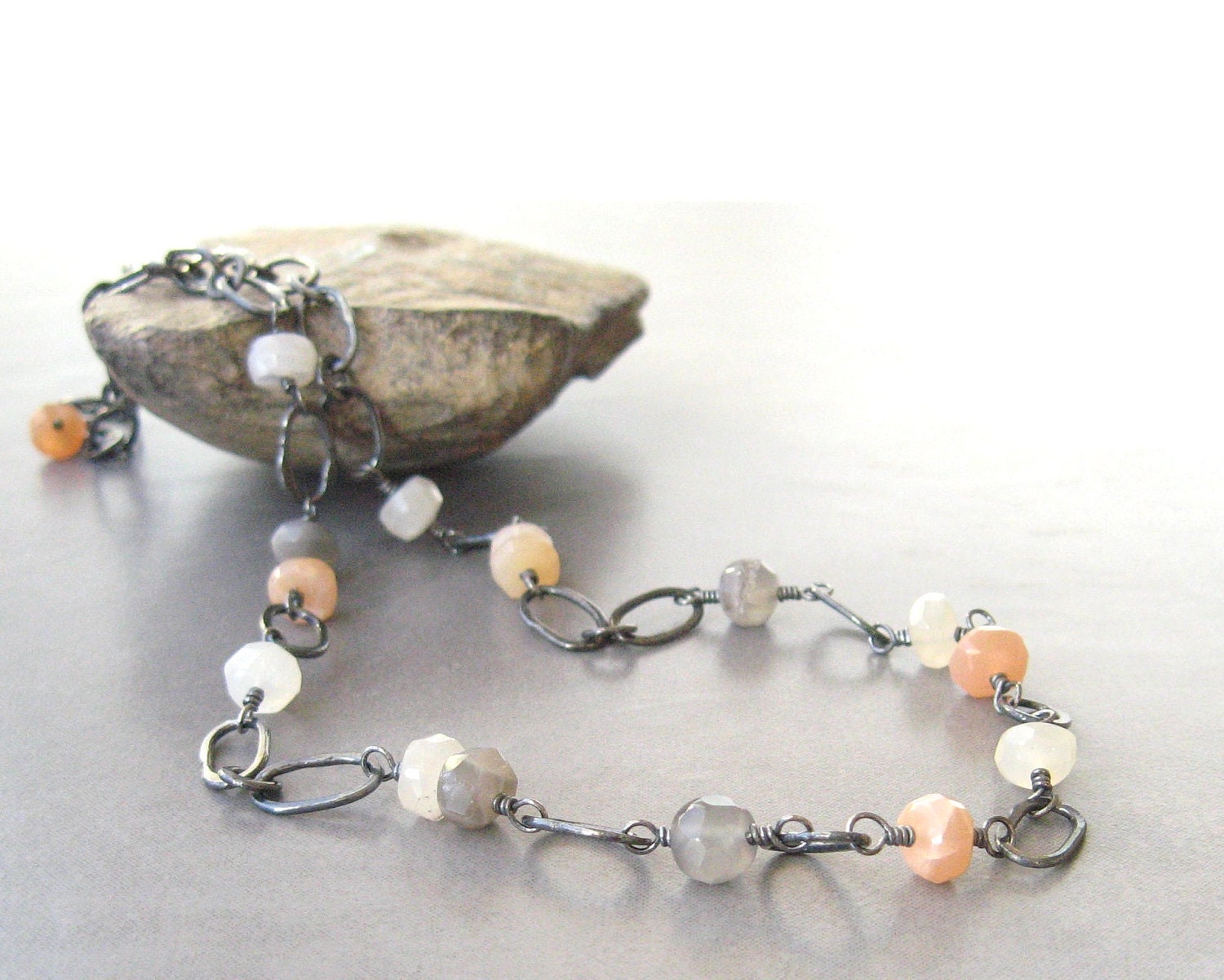 handmade metalwork necklace, moonstone and silver necklace with torch fused links and semi precious gems