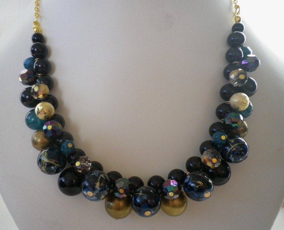 Teal Blue Black and Gold Cluster Necklace and Earrings