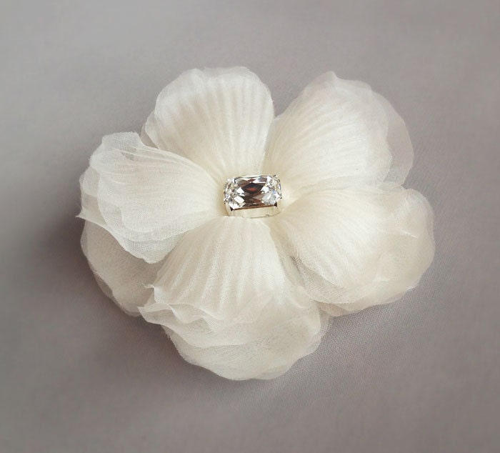 Ivory Silk Organza Flower Bridal Fascinator with Swarovski Rhinestone Center - Sample Sale