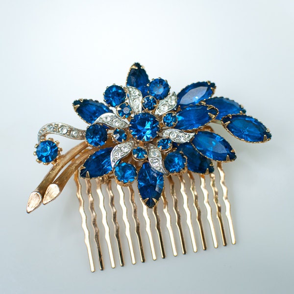 Original Vintage Sapphire Rhinestone Hair Comb