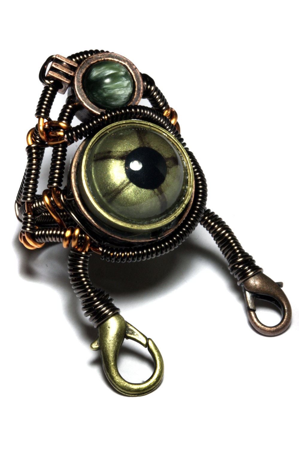 Steampunk Jewelry - Robot Ring sculpture -  Green Reptile glass EYE and Seraphinite -  SIZE 12 ONLY