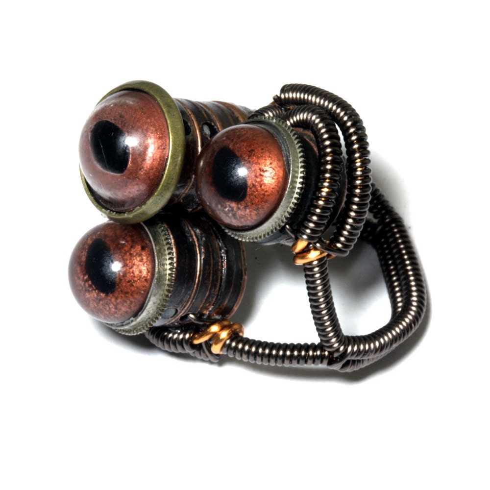 Steampunk Jewelry - Ring -  Triple Copper Reptile glass EYE  - SIZE 9.5 ONLY