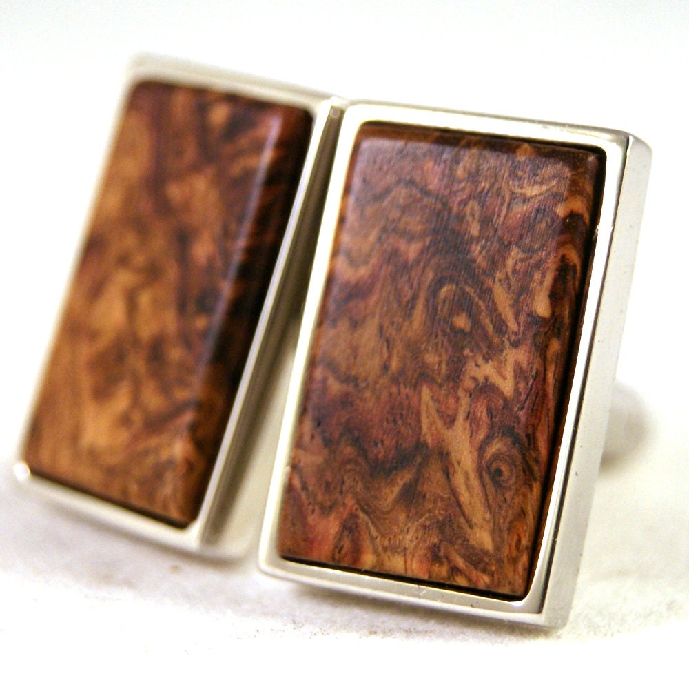 Cuff links - Honduras Rosewood Burl in Sterling Silver Bezel cuff links (CL-511)
