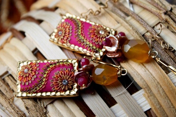 Golden Pink Keishi pearls, Rubellite Jade and Yellow amber chalcedony with clay floral earrings - Under the Cranberry Clouds