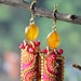 Golden Pink Keishi pearls, Rubellite Jade and Yellow amber chalcedony with clay floral earrings - Under the Cranberry Clouds