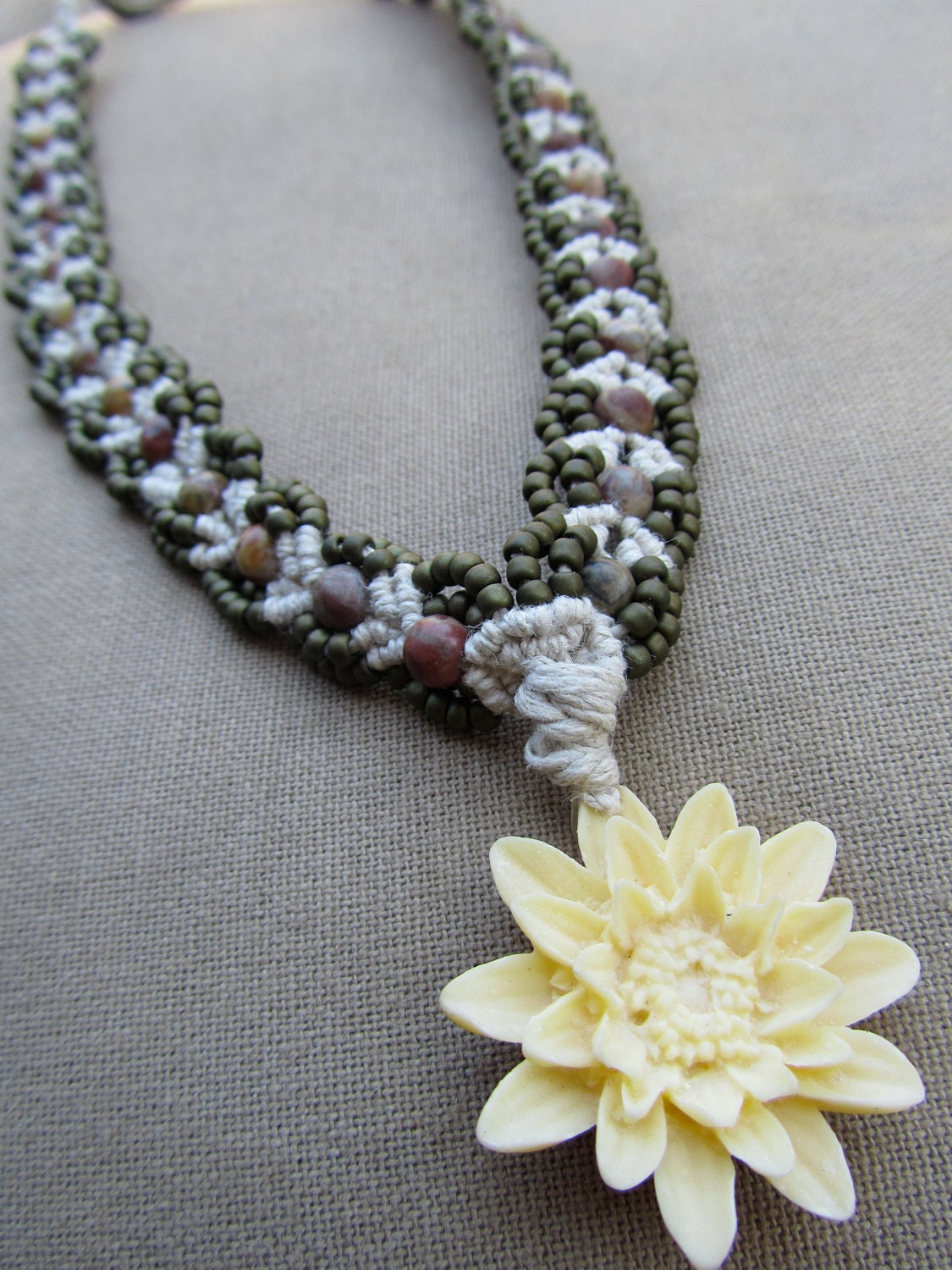 Lotus Jasper and Glass Macrame Hemp Necklace - Natural Bohemian Zen Hippie