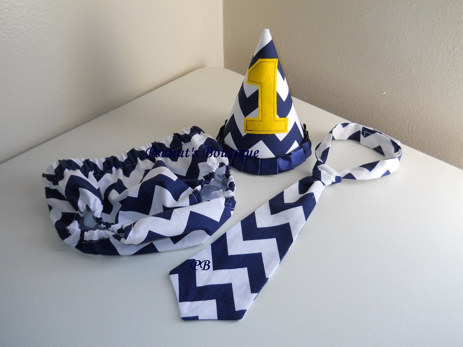 Baby Boy Toddler First Birthday Diaper Cover, Tie & Party Hat Navy Chevron -- Photo Prop
