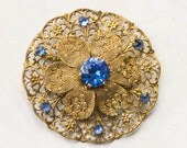 Art Deco Floral Filigree Brooch With Bright Blue Paste Stone 1920's - Cobalt Blue