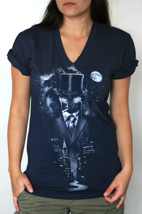 Night Watch - American Apparel Mens / Unisex V- Neck T shirt ( Space, Galaxy, Cat print clothing, Surreal t shirt )