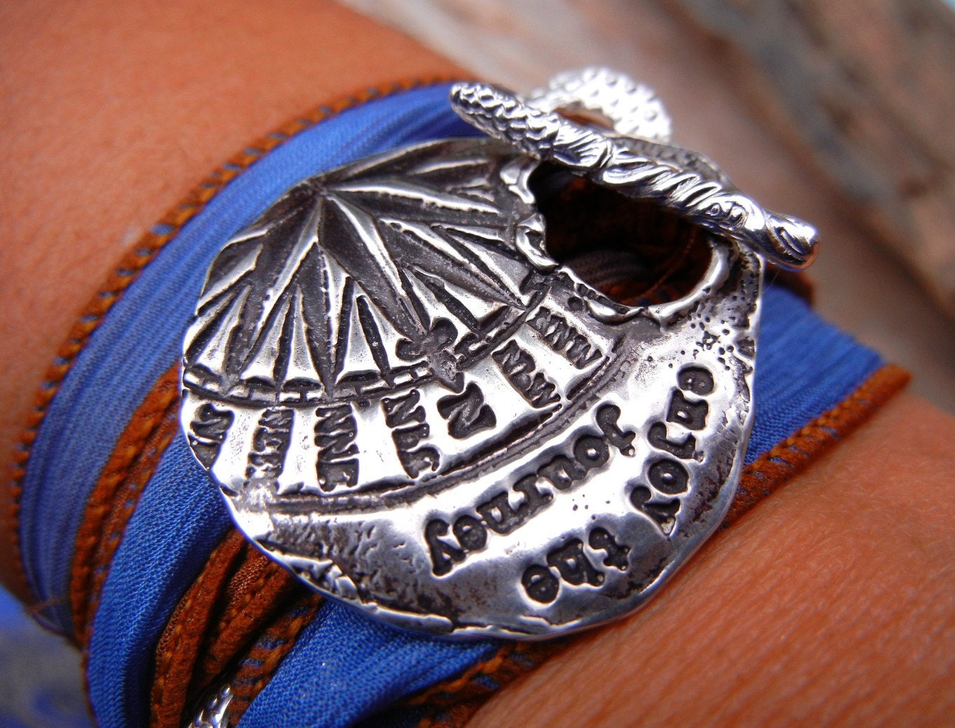 Travel Jewelry, Inspirational Quote Jewelry, STERLING Silver Artisan Jewelry, Silver Compass Bracelet, Enjoy the Journey, Travelers Gift