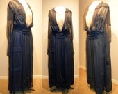 Vintage Antique Edwardian 1910's Navy Silk Chiffon Beaded Titanic Era Dress Ivory Couture Panels Beads Cocktail Evening Party Dress Gown