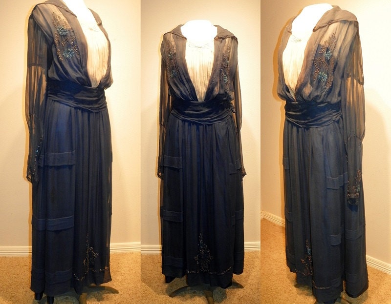Vintage Antique Edwardian 1910's Navy Silk Chiffon Beaded Titanic Era Dress Ivory Couture Panels Beads Cocktail Evening Party Dress Gown