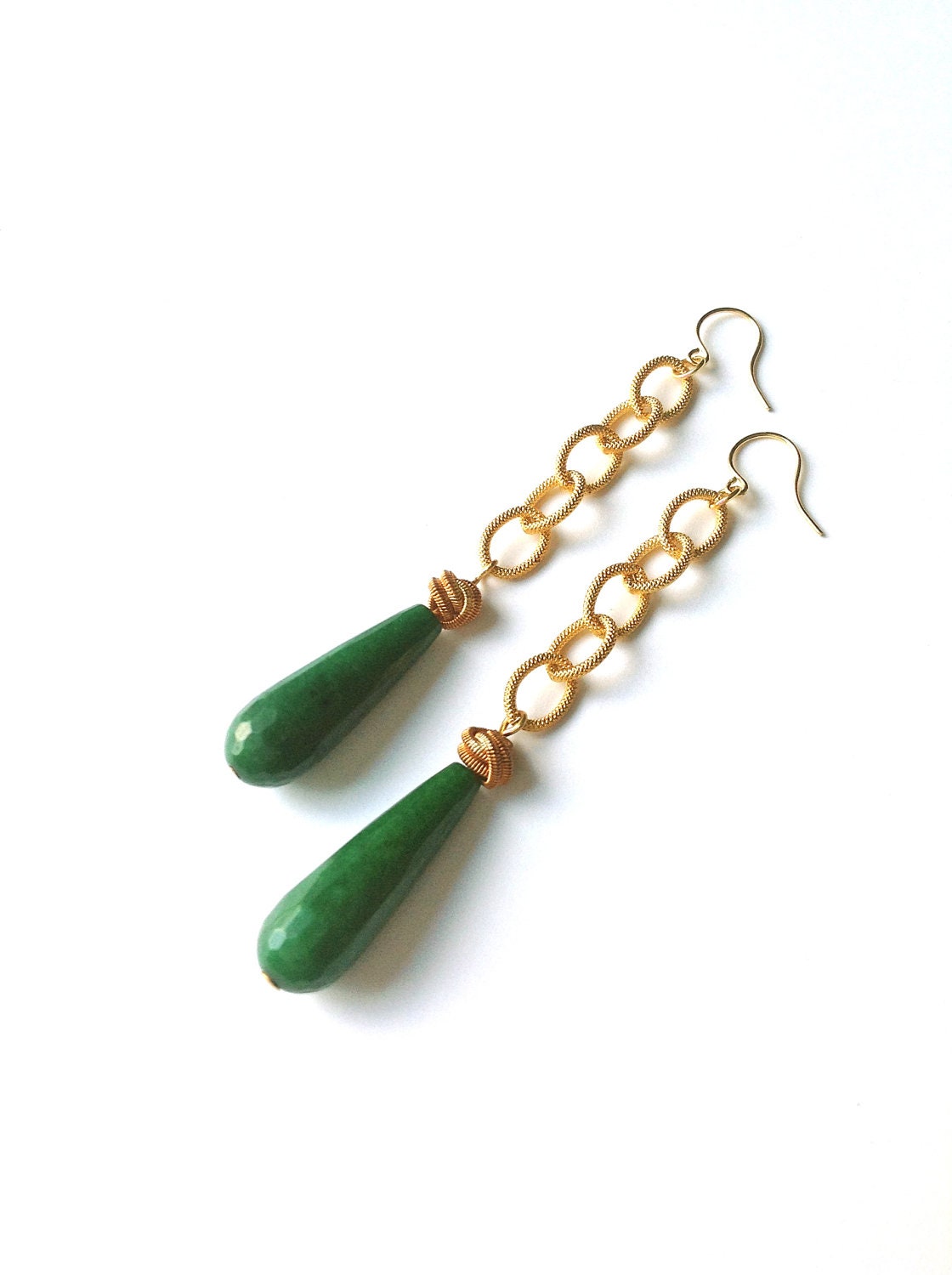 Lucky in Love: Extra Long Green Jade & Vintage Brass Love Knot Dangle Earrings