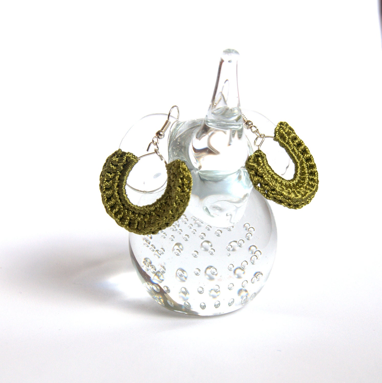 Crochet hoop earrings olive green Valentine jewelry fan dangle wine glass charm handmade Birthday winter autumn custom colours gift for her