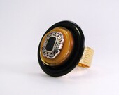 Fashion Ring - Black Vintage Ring - Gold Plated - Mustard Yellow