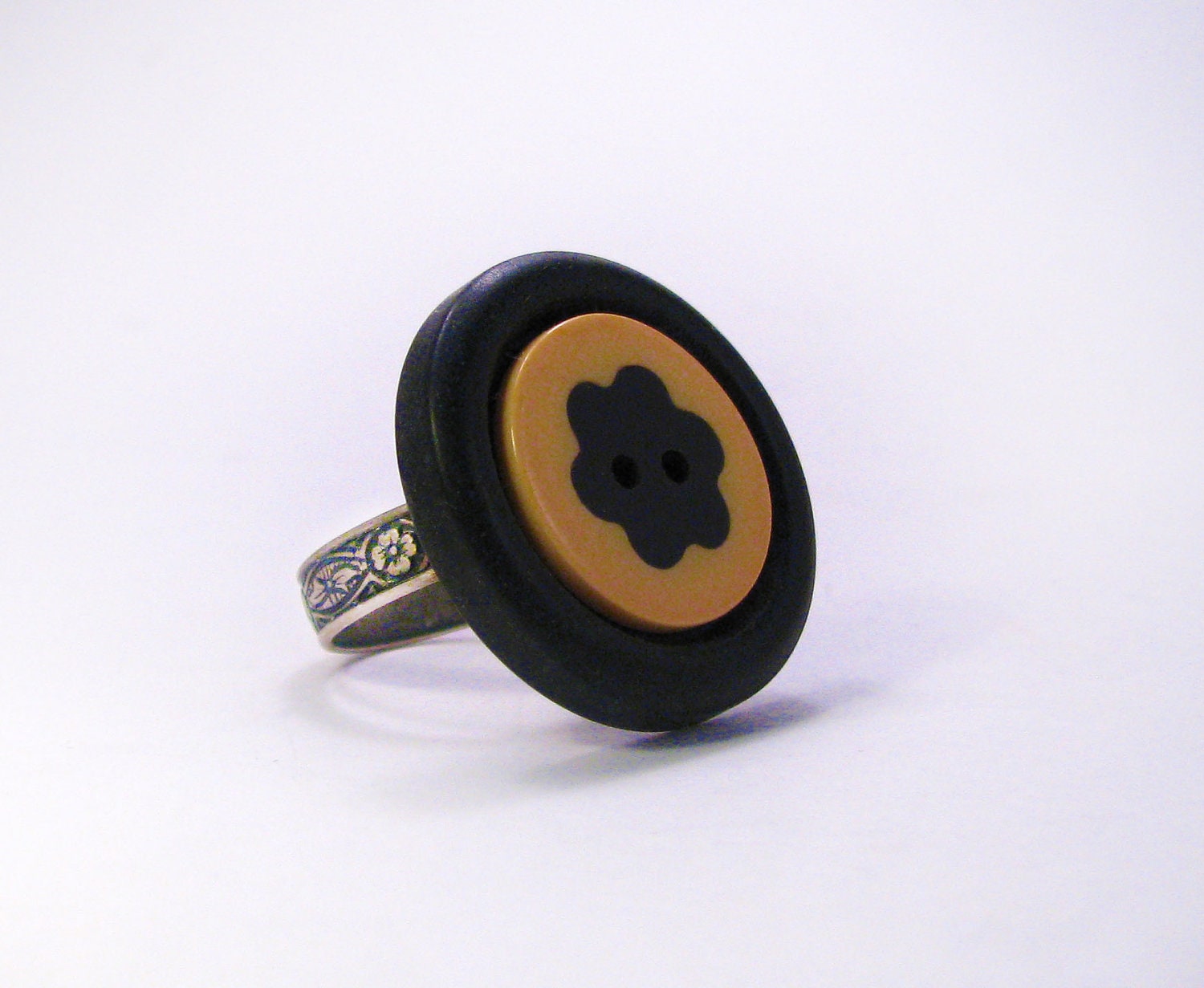 Retro Button Ring Vintage Button Yellow and Black with Silver Plated Band