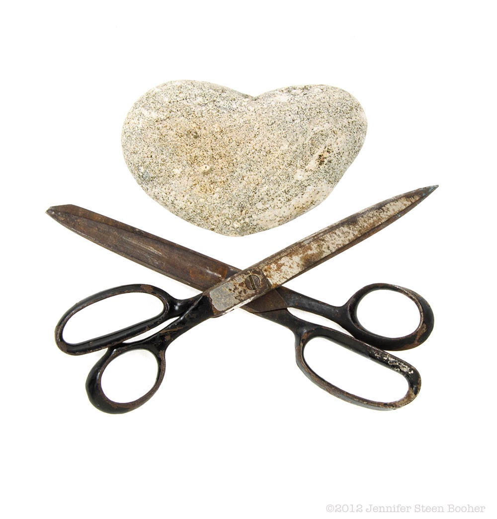 Scissors, Paper, Stone - 8 x 8 photograph - antique scissors, beach stone