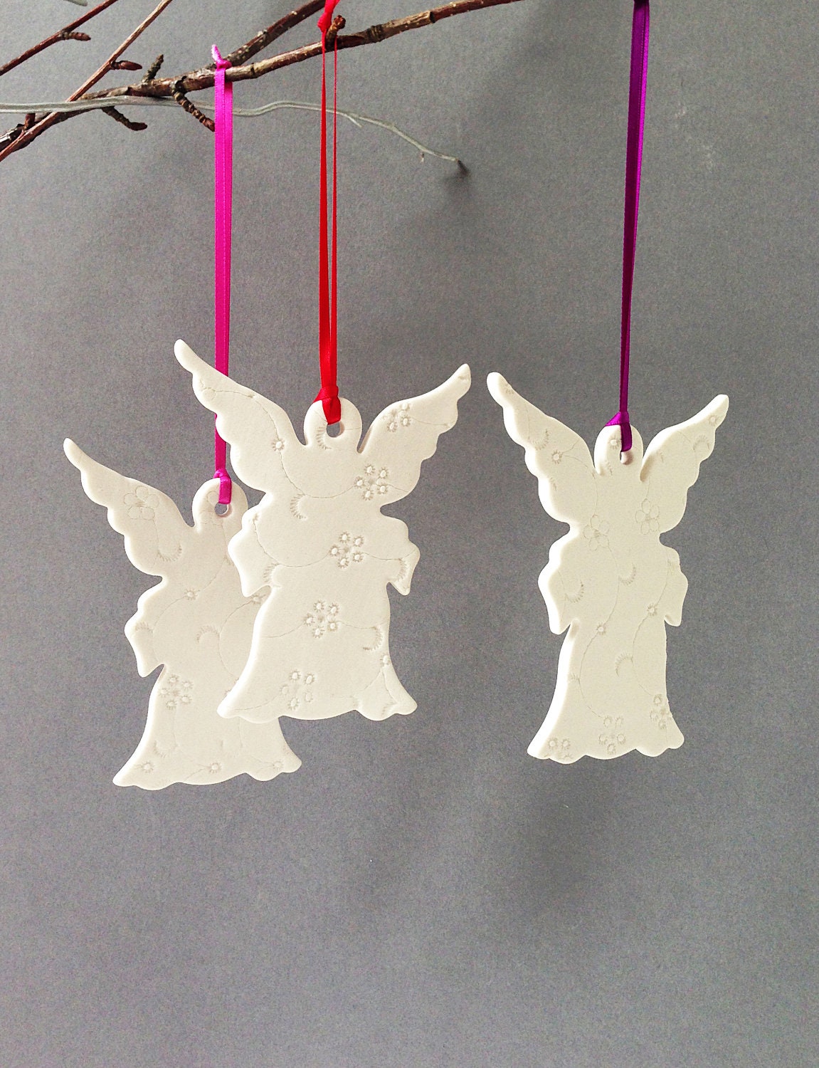 3 Large Christmas Angel Ornaments - Three White Porcelain Christmas Snow Angels Ornaments Modern Holiday ornaments - PrinceDesignUK