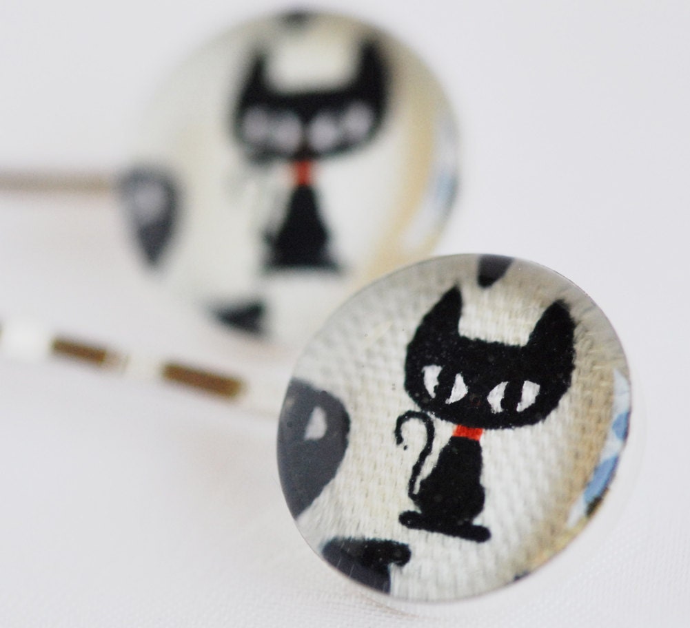 Retro Black Cat Fabric Resin Hairclips
