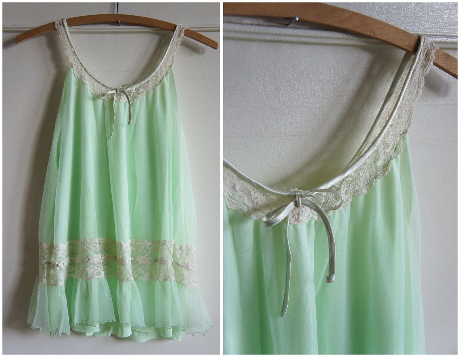 Vintage 60s Mint Babydoll Cropped Short Nightie Lingerie with Lace and Ruffled Hem