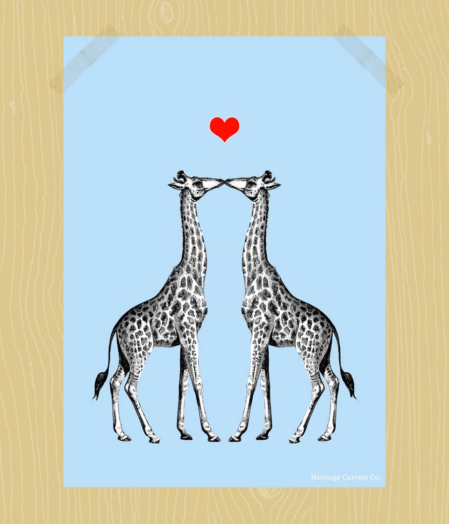 Kissing Giraffes Printable 5 x 7 Digital Print Illustration Love Animal Print Light Blue Pink