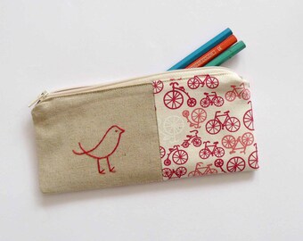 Pink bird with bikes pencil case or zipper pouch. hand embroidery with bicycle fabric