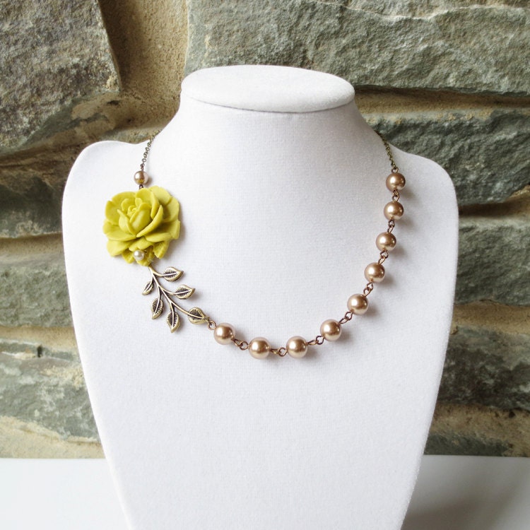 Flower Garden - Statement Necklace with Side  Rose Pendant - Wedding Bridesmaid, Olive Green Flower Brass Leaf, Bronze Pearl