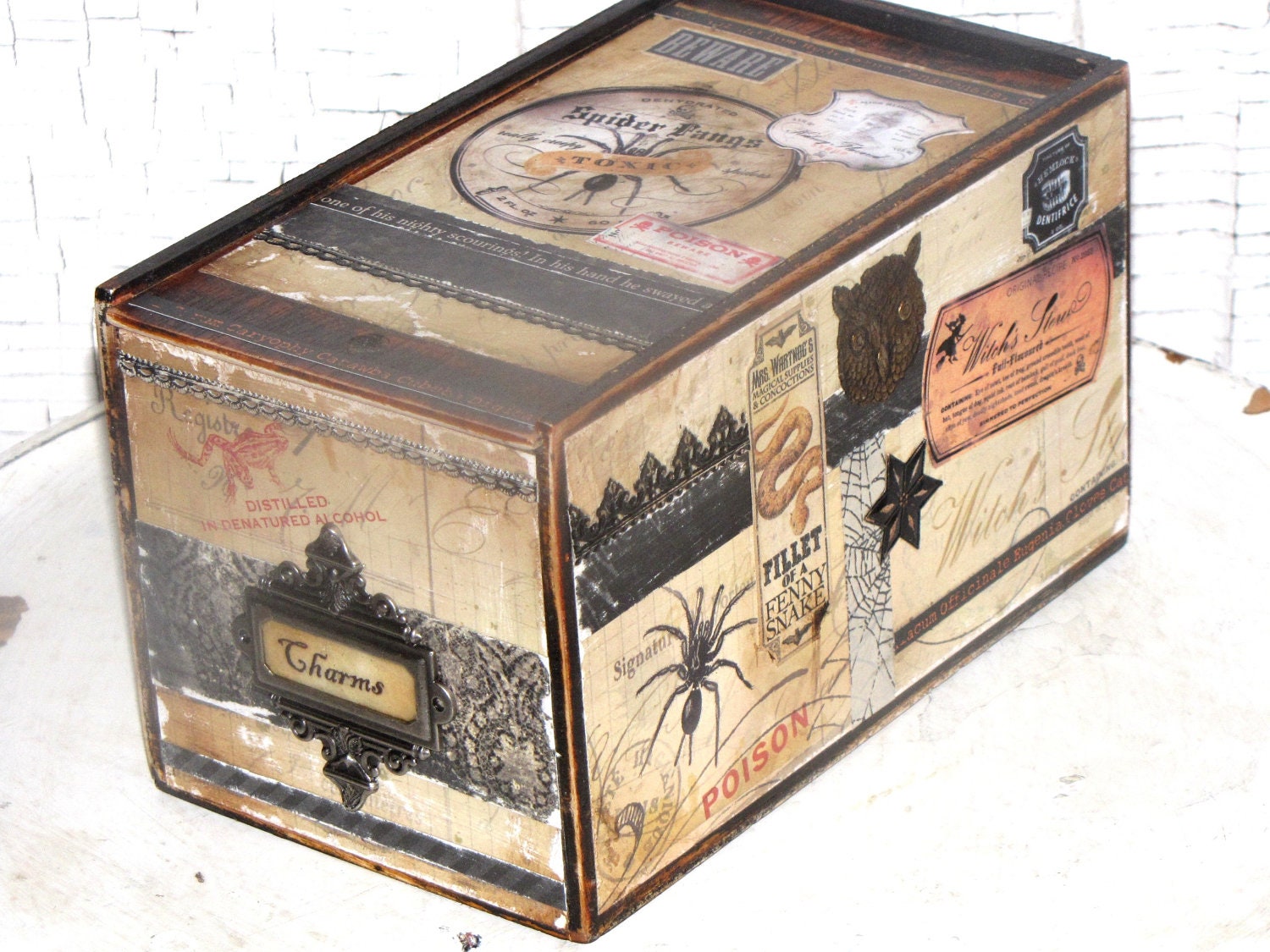 Vintage Halloween Inspired Wooden Witch's CHARMS Box Cigar box Spiders Owls