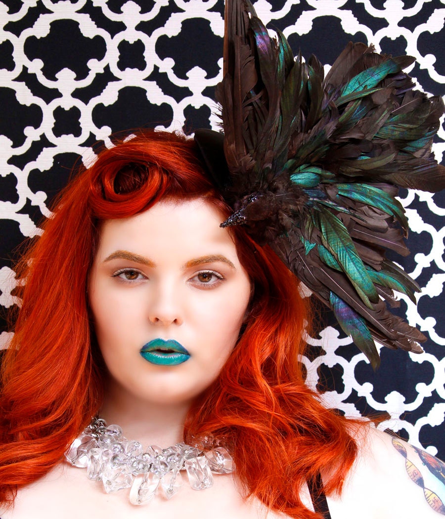 Black Bird Hat, Feather Fascinator, Taxidermy Headpiece, High Fashion Couture, Swarovski Crystal, Batcakes Couture