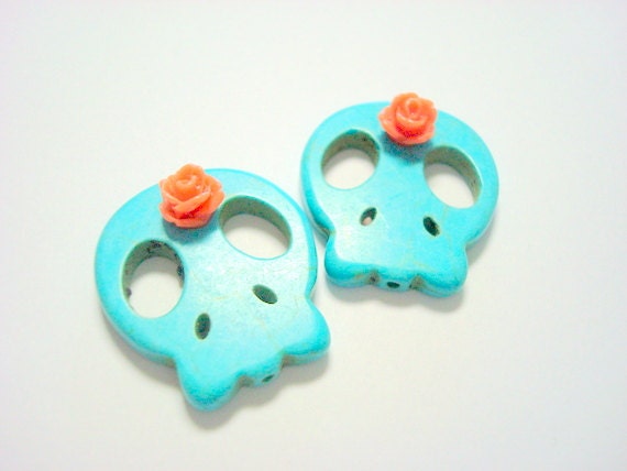 Turquoise and Orange Roses Day of The Dead Sugar Skull Beads-30mm