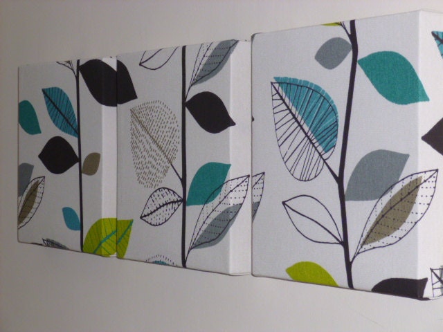 Set Of 3 Contemporary Modern Designer Retro Print Design Teal Gray Branch Leaf Print Wall Hanging Canvases Wall Art Wall Decor NEW FABRIC