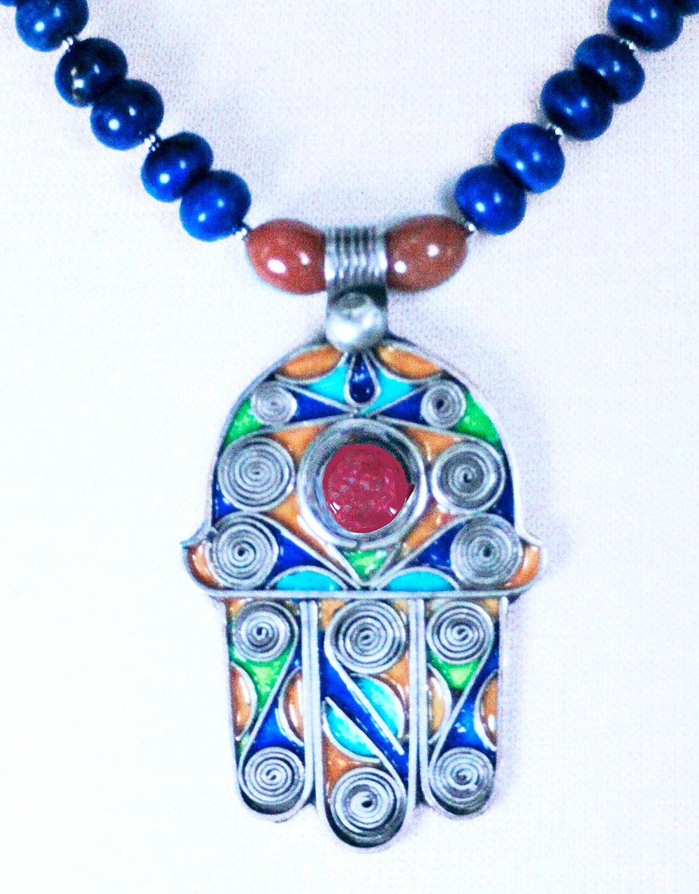 Moroccan Enameled Hamsa Amulet with Life Spirals