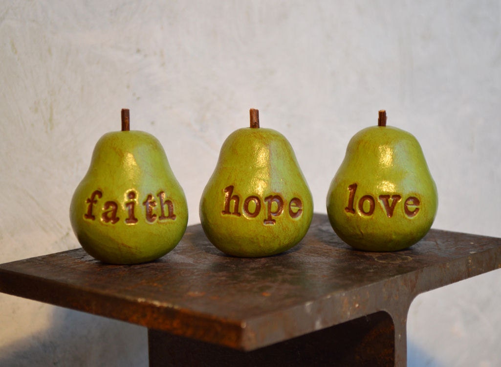 Birthday gift ... faith hope love...Three handmade polymer clay pears ... Word Pears, green