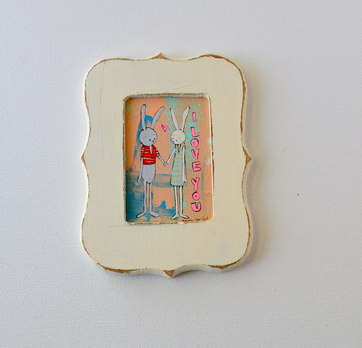 I Love You 2.25 x 3 Original Painting on Canvas in a  Vintage Frame